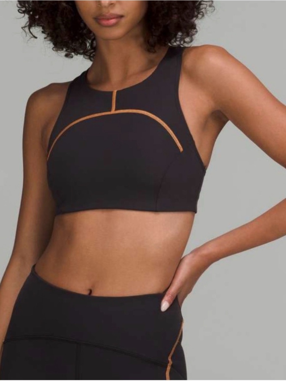 lululemon athletica Black High-Neck Sports Bra with Tan Stitching